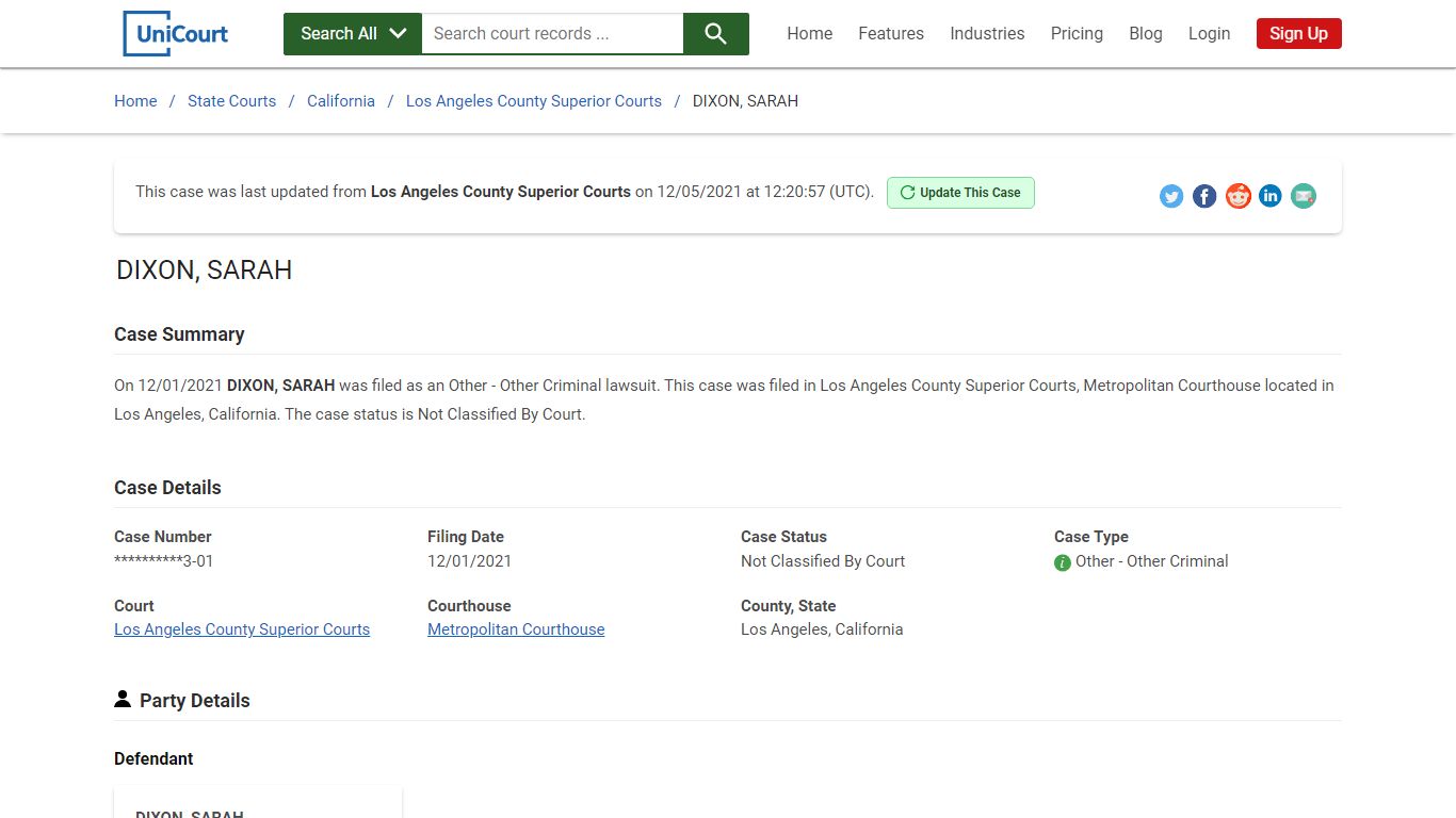 DIXON, SARAH | Court Records - UniCourt