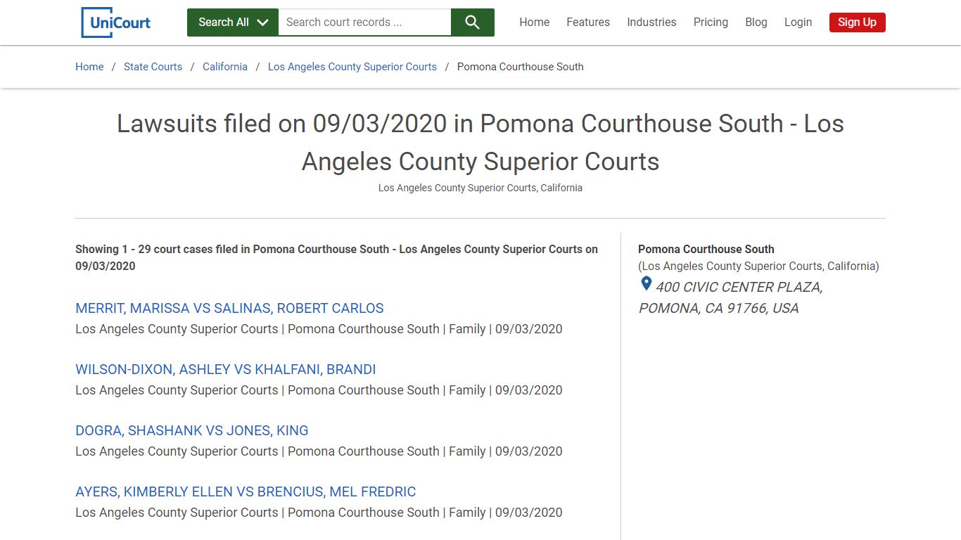 Lawsuits filed on 09/03/2020 in Pomona Courthouse South ...